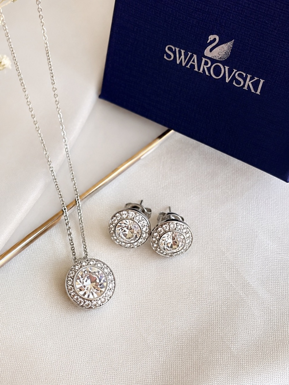 Swarovski Angelic Crystal Halo Pendant Necklace & Stud Earrings Rhodium Plated